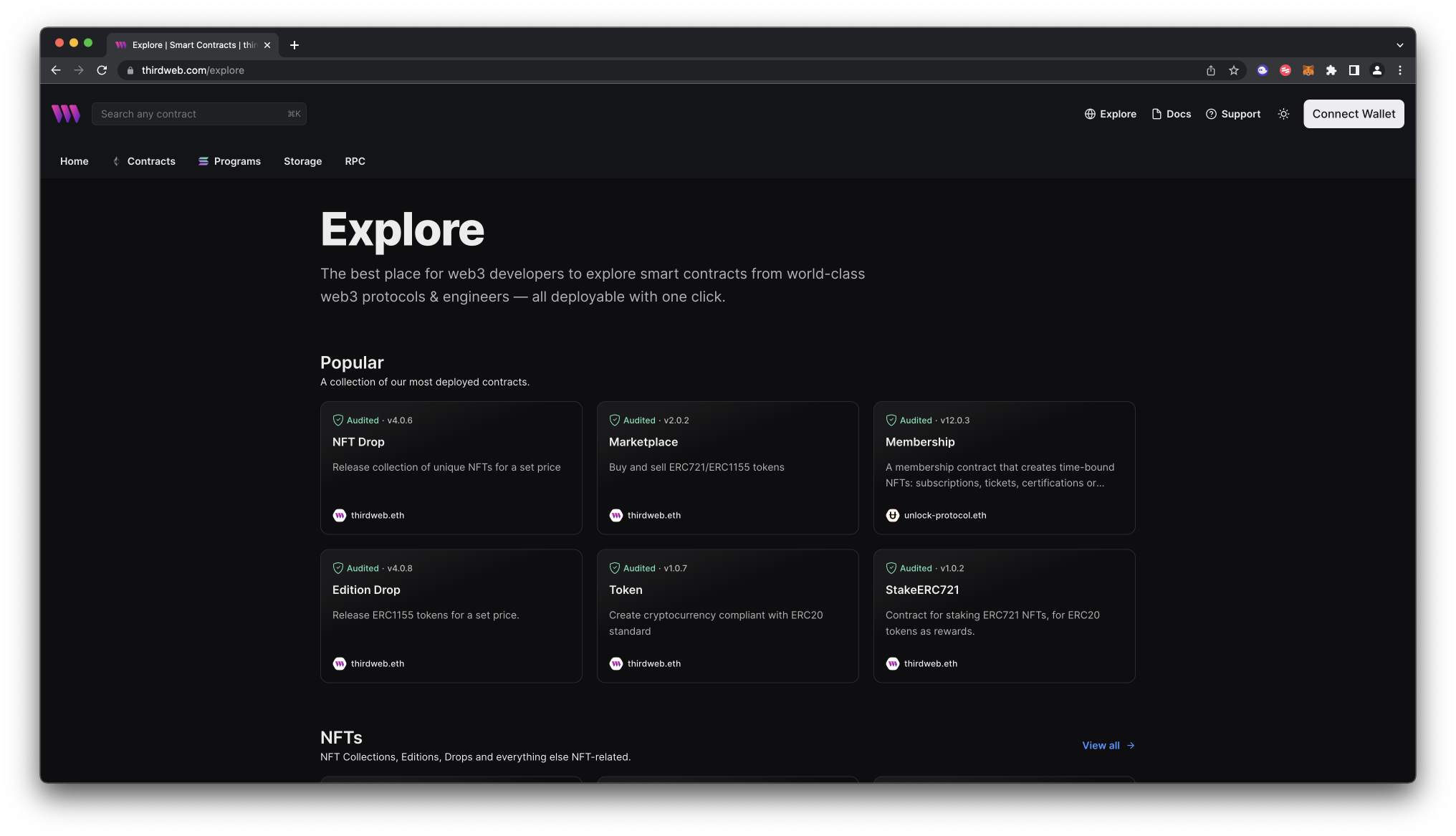 Thirdweb Explore page featuring pre-built contracts